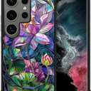 CARLOCA Compatible with Samsung Galaxy S24 Ultra Case Design for Girl Shockproof Anti-Scratch Hard PC Back Case Esthetics Fashion Pattern Colorful Stained Glass Design Lotus Flower