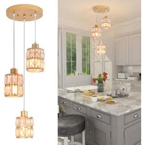 Modern Gold Crystal Pendant Light Fixture - 3-Light Adjustable Hanging Lamp for Kitchen Island, Dining Room, Living Room & Bedroom | Dimmable, Quick Install Farmhouse & Industrial Pendant Lighting