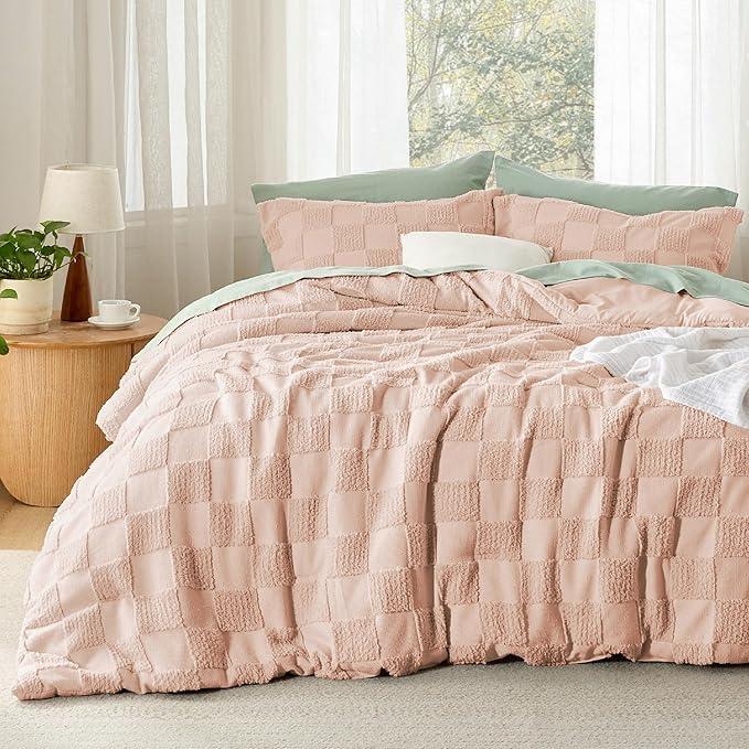 Bedsure Queen Size Comforter Set Dusty Rose, Boho Tufted Bed Set, Checkered Farmhouse Shabby Chic Bedding, 3 Pieces, 1 Plaid Geometric Comforter 90"x90" and 2 Pillow Shams 23"x29"