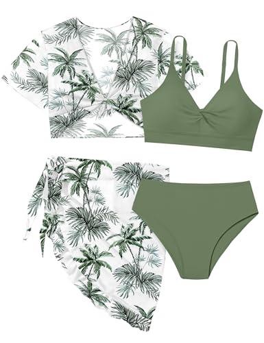 Girls Swimsuit 4 Piece Bathing Suits for Teens Tropical Print Twist Criss Cross Bikini Set with Kimono Cover Up Teen Swimsuits for Girls 12-14 Swimwear 13-14 Green Palm Tree