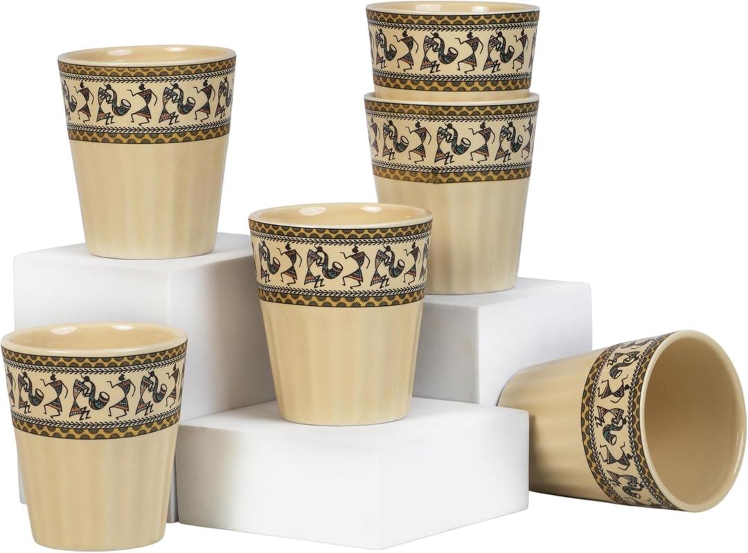 Handmade Ceramic Tea Cups Set  6 Desi Kulhad Chai/Coffee Cups (5 oz Capacity), Lead-Free, Dishwasher & Microwave Safe, Glazed, Glossy finish Clay Tea Cups/kulhar/kullar - Ivory Color (Large, Warli Art on Ivory Color)