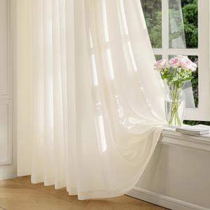 FMFUNCTEX Sheer Non-See-Through Butter Cream Curtains for Bedroom, Faux Silk That Let Light Curtains 90 inches Long Light Filtering Privacy Sheer Window Drapes for Living Room, Rod Pocket 2 Panels Set