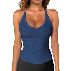 iGENJUN Workout Tops for Women Racerback Tank Tops 2025 Yoga Gym Ribbed Sleeveless Shirts Clothes, M, Navy Blue