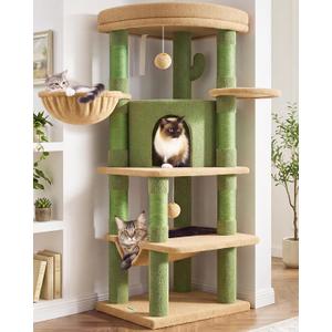 Globlazer Cactus Corner Cat Tree Tower with Scratching Post for Indoor Cats, 51in Multi-Level Cat Condo Tower with Large Hammock, Fan-Shaped Padded Perch, Spacious Cat Cave, Hanging Basket, C51, Green