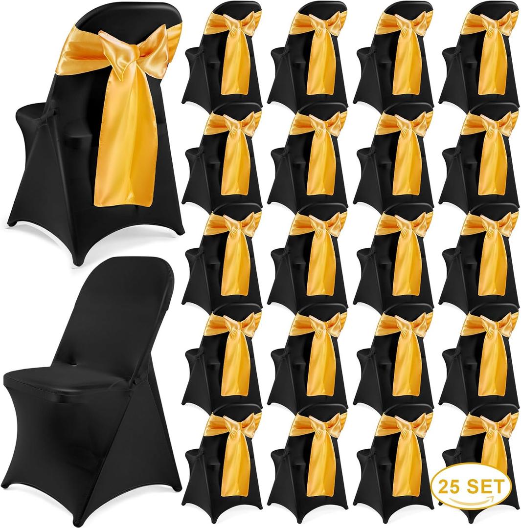 Lounsweer 50 Pcs Folding Chair Cover Set with 25 Stretch Spandex Slipcovers 25 Satin Chair Sashes Bows Ribbon Washable Banquet Protector for Wedding Event Party(Black, Gold)