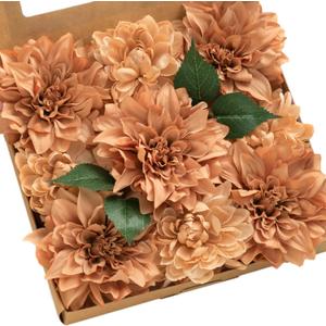 Ling's moment Artificial Flowers 9pcs Silk Dahlia 5.5"/4.5" Fake Flowers for DIY Wedding Craft Bouquets Centerpieces Arrangements Party Baby Shower Home Decorations (Sunset Terracotta)