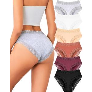 Womens Cotton Underwear Cheeky Bikini Panties for Women Sexy Lace Briefs Soft Stretch Underwear Pack 6 (Large)