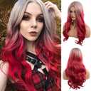 Long Curly Wavy Silver Grey to Red Wig Middle Part Natural Looking Synthetic Cosplay Wig for Women