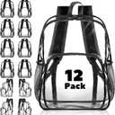 Amylove 12 Pcs Clear Backpacks Bulk Heavy Duty Transparent PVC Bookbag for Stadium Security Travel (15 Inches,Black)