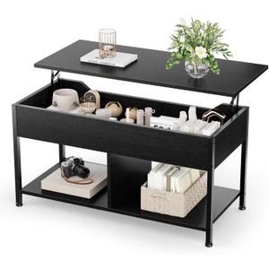 Sweetcrispy Lift Top Coffee Table with Storage 39" Center Table with Hidden Compartment & 2 Shelves Farmhouse, Wood Coffee Table for Living Room with Sturdy Lift-Top Adjustable Feet, Black