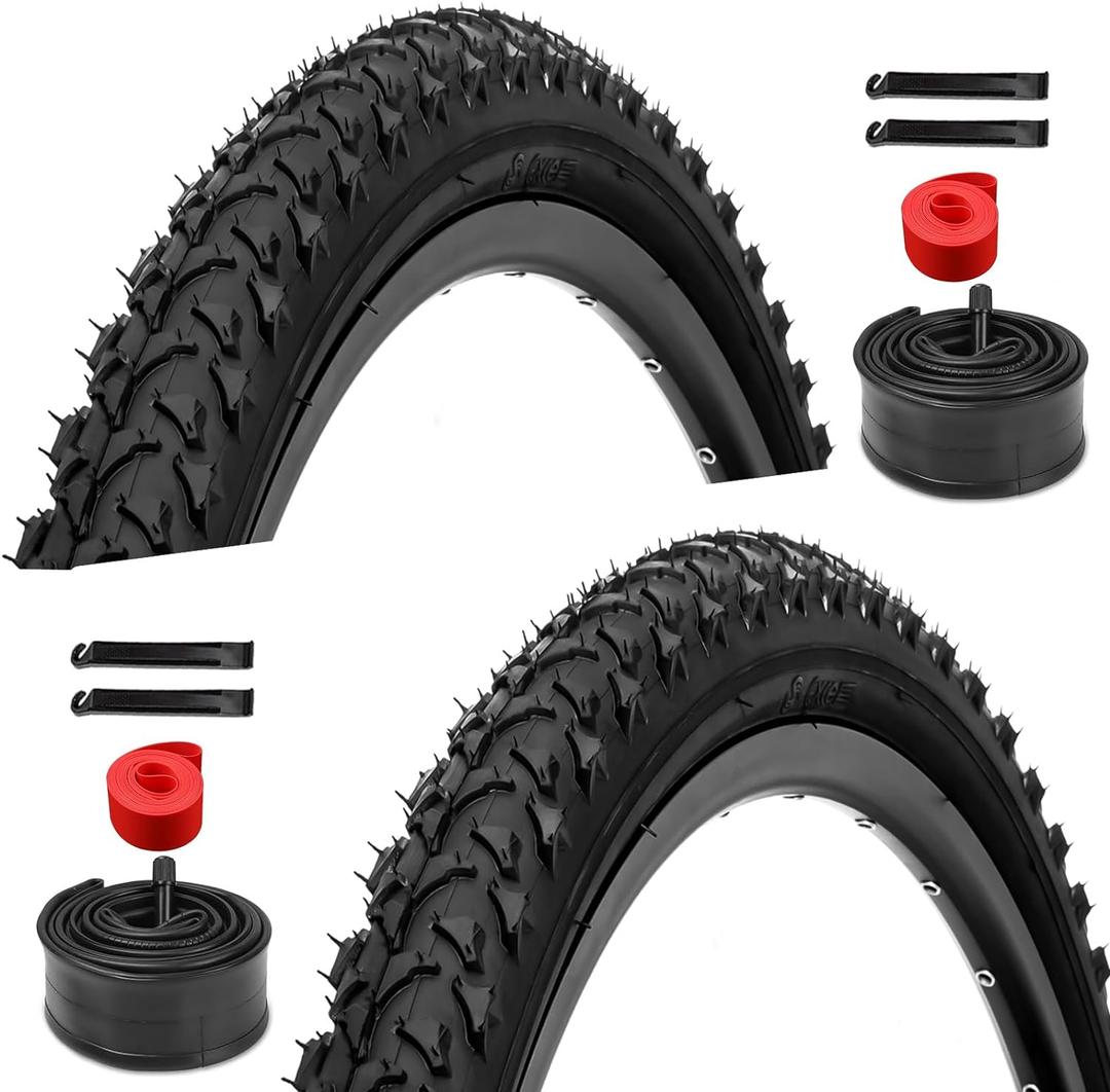 2 Pack 26 inch Bike Tires - 26  1.95 inch Folding Replacement Bicycle Tires for MTB Mountain Bike with 26 inch Schrader Valve Bike Tubes, 4 Tire Levers and 2 Rim Strips