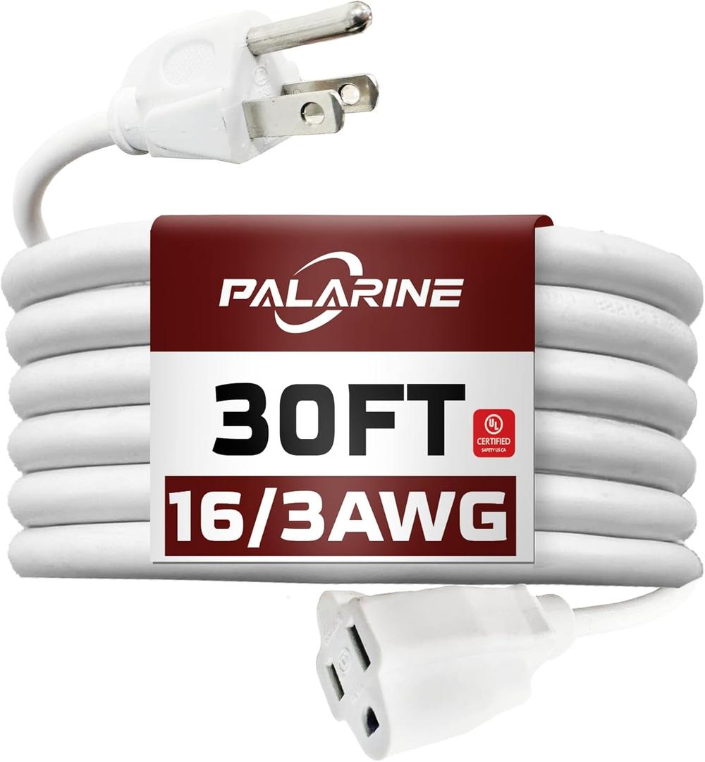 30ft White Outdoor Extension Cord Waterproof, UL Listed, 16/3 SJTW Heavy Duty 3 Prong, 16 Gauge 13A Power Cord Ideal for Indoor Outdoor Lights, Appliances, and Lawn