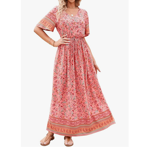 PRETTYGARDEN Women's Casual Summer Boho Floral Print Dress V Neck Short Sleeve High Waist Long Maxi Beach Dresses S