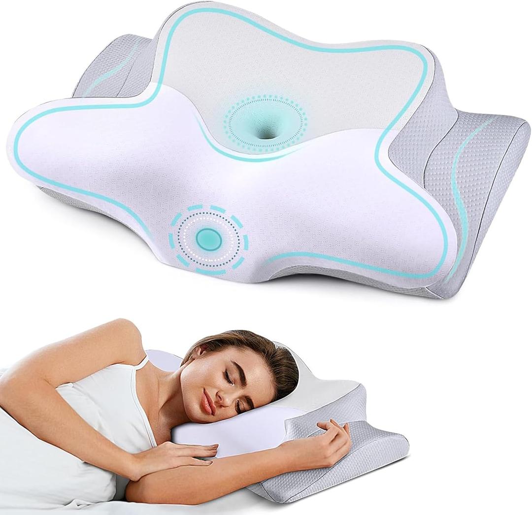 Cervical Pillow for Neck Pain Relief - Ergonomic Pillow for Sleeping Side Sleeper Pillow for Adults, Contour Neck Pillow Cooling Memory Foam Pillows, Orthopedic Bed Pillow(White & Grey)