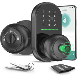 Keypad Smart Door Lock with Knob, Keyless Entry Door Lock, Fingerprint Door Knob for Front Door, Electronic Code, App Remote Control, Easy Installation, Auto Lock,deep Black