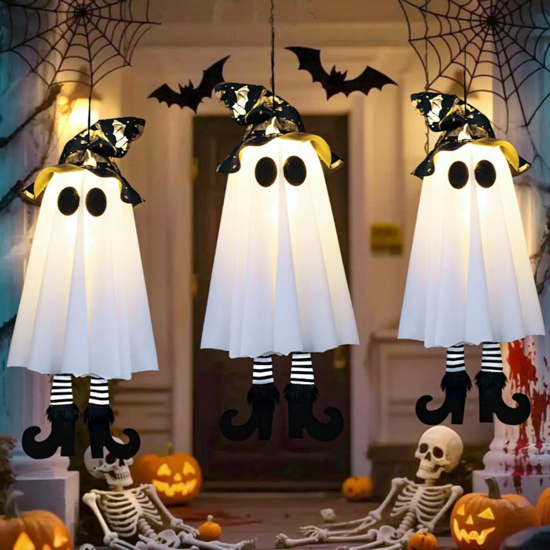 Set of 3 Halloween Hanging Ghosts, Halloween Decorations Witch Hat Lights, Outdoor Glowing Ghost for Yard Patio Garden Tree