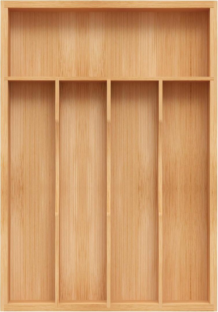 Bamboo Silverware Organizer, Kitchen Drawer Organizer, Utensil Holder, Cutlery Tray & Spoon Flatware Storage with Grooved Drawer Dividers (9.5''W x 13.5''D) (Natural)