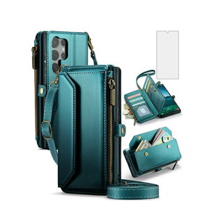 Asuwish Compatible with Samsung Galaxy S25 Ultra 5G Zipper Wallet Phone Case Tempered Glass Screen Protector Crossbody Lanyard Strap Flip Card Holder Slot Cell Cover for S25Ultra 25S S 25 Women Green