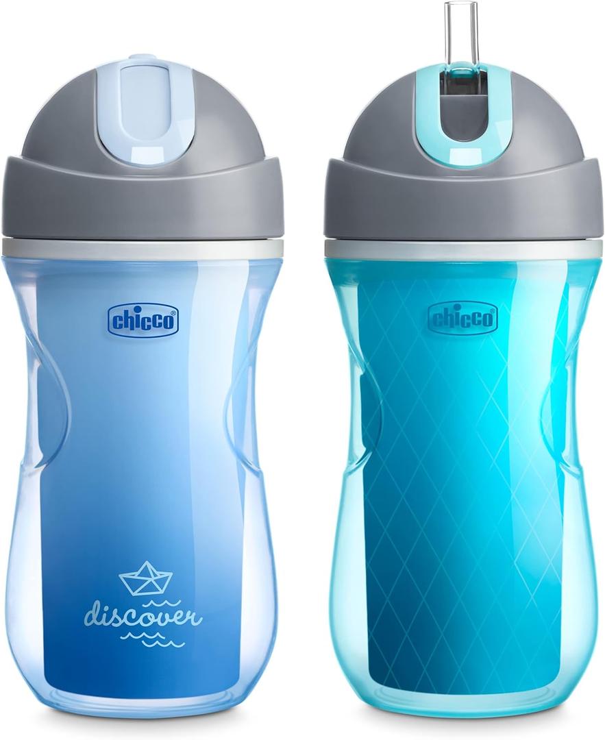 Chicco Double Wall Insulated Flip-Top Sippy Cup with Silicone Straw and Spill-Free Lid 9oz.| Top-Rack Dishwasher Safe | Easy to Hold with Ergonomic Indents | Blue Discover/Teal, 2pk | 12+ Month