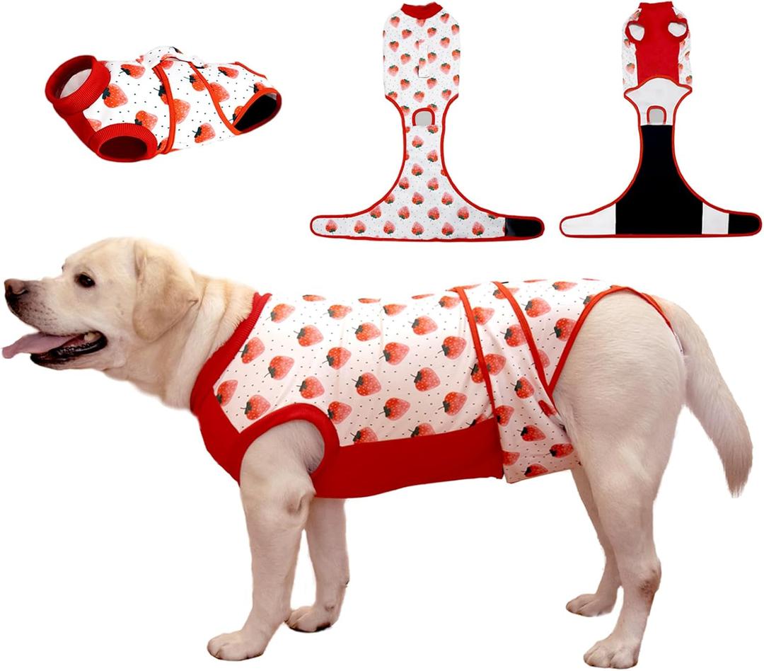 Recovery Suit for Dogs After Surgery, Dog Recovery Suit Female Male after Neutering, Dog Spay Surgical Recovery Suit Female Substitute Cone & E-Collar, Dog Onesie for Surgery Abdominal Wounds Bandages (Strawberry, XS)