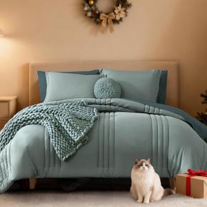 Monbix Full Size Comforter Set - 7 Pieces Sage Green Bed in a Bag Full Size Bedding Sets with Comforters, All Seasons Comforter with Sheets,Pillowcases & Shams (Full(80"X90"))