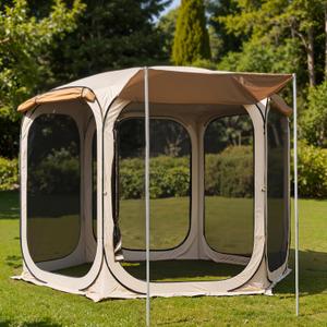 East Oak 1212 FT Pop Up Canopy Tent with Mesh | Outdoor Screen House with 6 Sunshades | Instant Canopy with Portable Carry Bag | Gazebo Tent for Camping, Patio, and Beach | Beige