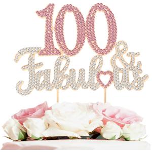 100 & Fabulous Gold & Pink Rhinestone Cake Topper - Happy 100th Birthday Cheers to 100 Years Old Bday Party Metal Sparkly Food Centerpieces Topper Decorations Keepsake.