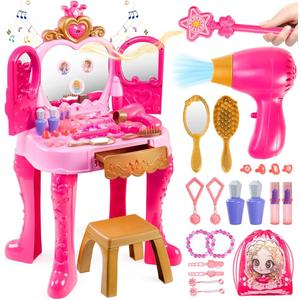 Toddler Girls Vanity Makeup Table with Magic and Lights, Easface Kids Makeup Vanity Table and Stool Set, Toddler Vanity with Hair Dryer, Automatically Mirror, Music for Toddler Girls 3 4 5 6 Years Old