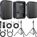 All-in-One 2-Way PA Speaker System DJ Mixer Bundle,300W 8-Channel Mixer Bluetooth, Amplifier Kit with 8" Subwoofer and 1" Horn Tweeter,USB,2 Speaker Stands, Mic