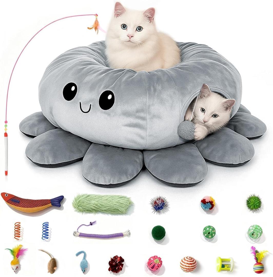 Cat Tunnel Bed for Indoor Cats, Peekaboo Cat Cave Bed with 20 Pcs Cat Toys, Soft Cat Donut Tunnel for Kitten Large Cats, Grey Octopus