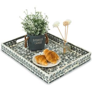 CLAYNIX Serving Tray 15.7" X11.8", Lacquer Mother of Pearl Inlay Mosaic Tray, Rectangle Wooden Marble Tray with Handles Trays for Tea, Breakfast in Bed, Table (Black Leaf)