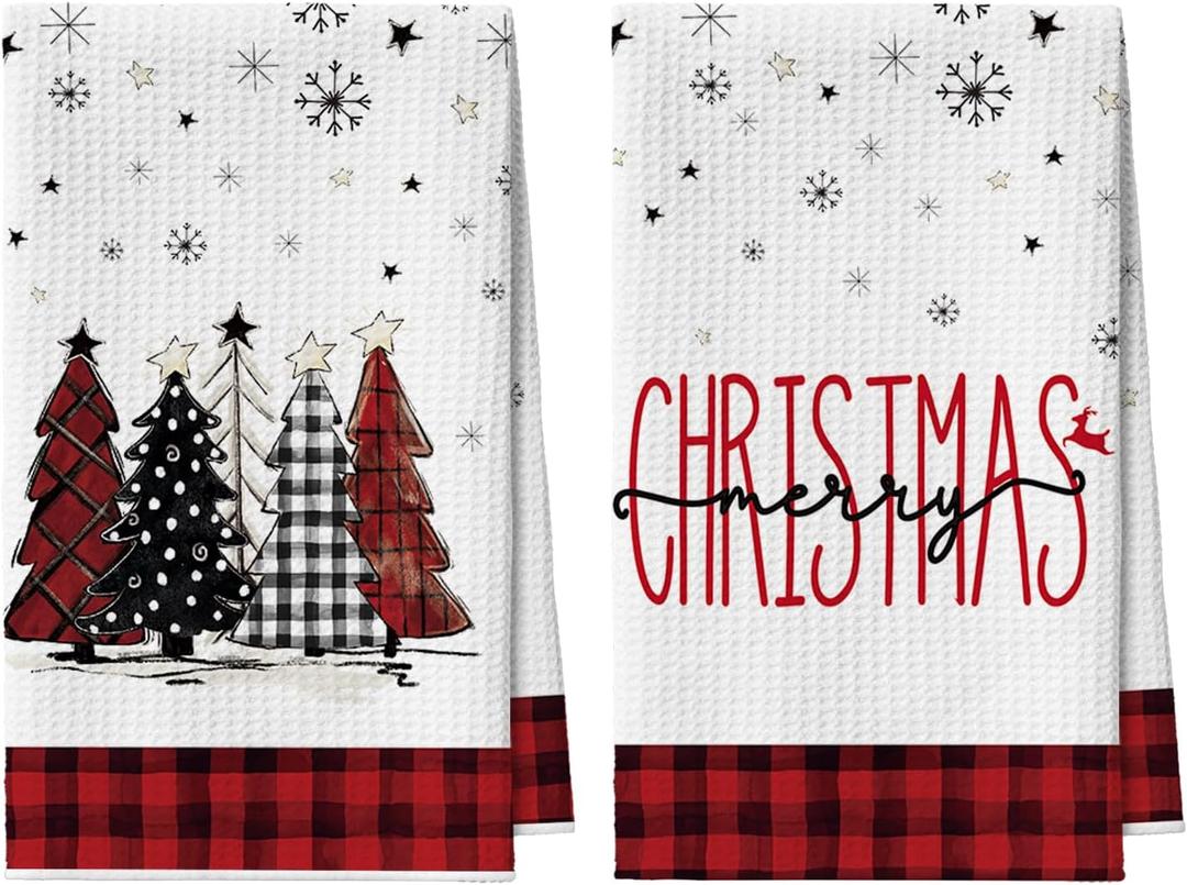 Artoid Mode Red Buffalo Plaid Xmas Tree Christmas Bar Kitchen Towels, 12x24 Inch Quick Dry Microfiber Cloth Dish Towels for Kitchen Drying Set of 2