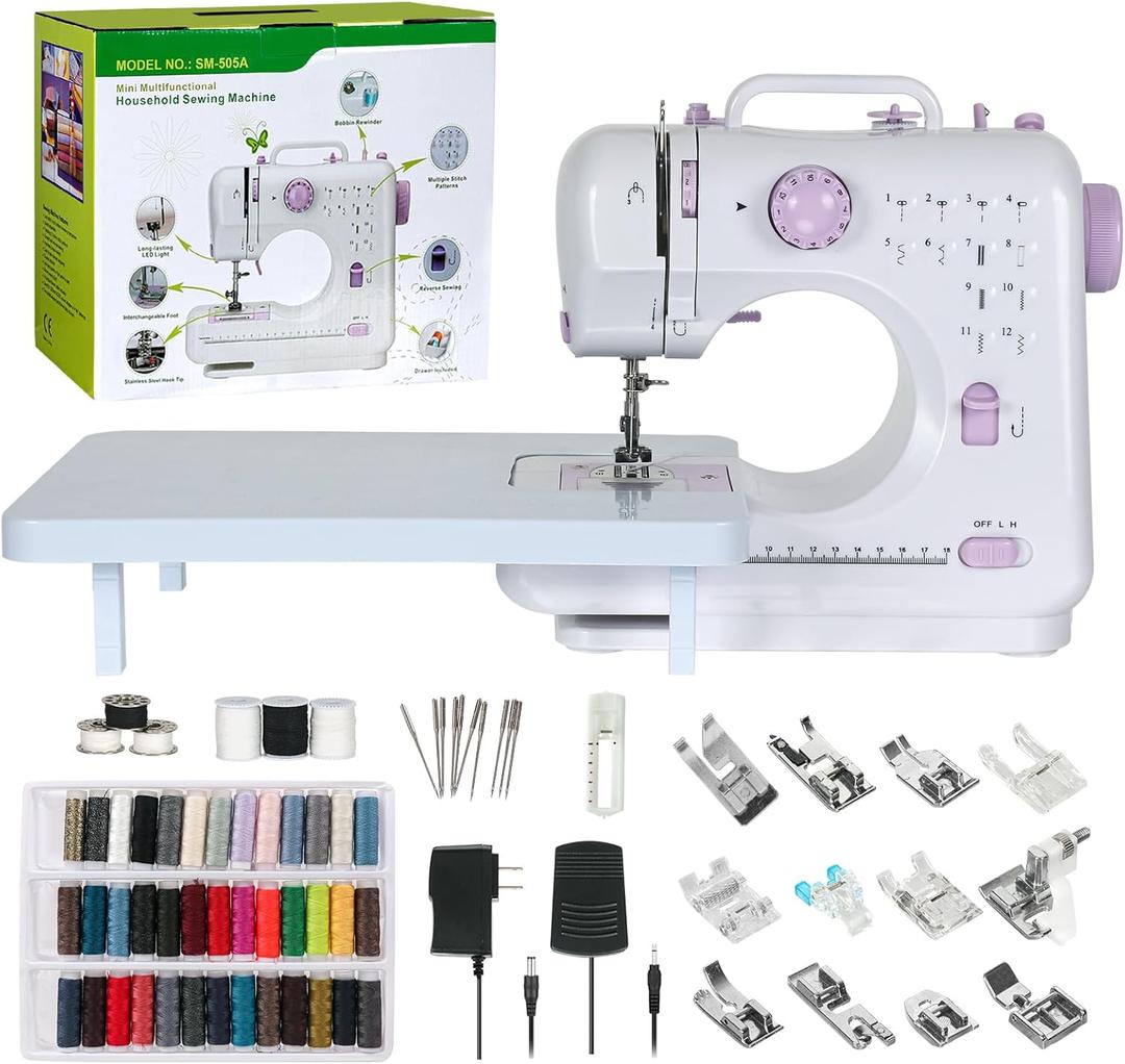 Sewing Machine for Beginners, Mini Sewing Machine Built-in 12 Stitches, 13 Replaceable Presser Feet, Extension Table, Light, Reverse Sewing, 2 Speed Foot Pedal, Portable Sewing Kit (Purple)