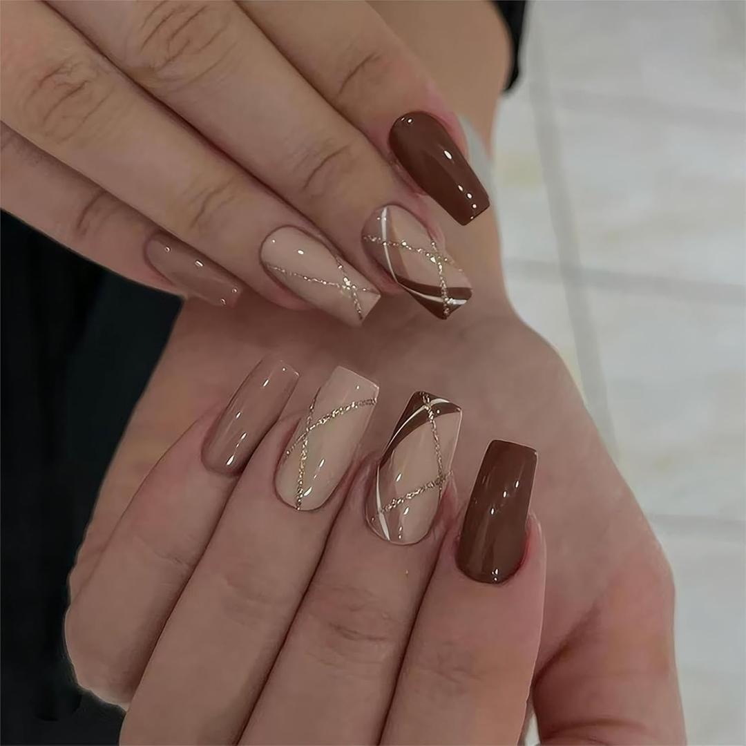 Square Press on Nails Medium Fake Nails Brown False Nails Press-ons with Geometric Pattern Glitter Full Cover Acrylic Nails Stick on Nail for Women 24Pcs (style 26)