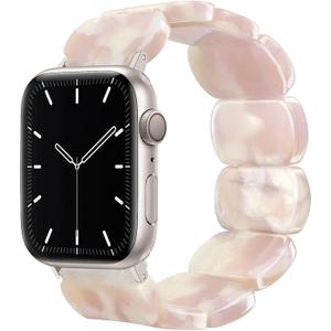 Newlibery Resin Stretchy Watch Bands Women Compatible with Apple Watch 38mm 40mm 41mm 42mm (S11/10) Tortoise Light Bracelet Beaded Elastic Strap for iWatch Series11/10/9/8/7/6/5/4/3/2/1/SE/Ultra (S) (Cherry Pink)