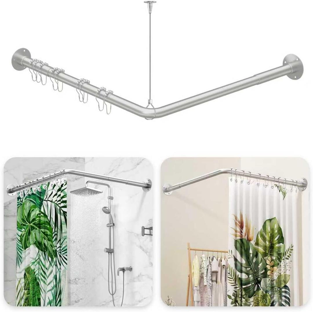 L Shaped Shower Curtain Rod - [39''-52.5''] x [71''-85''] Adjustable Corner Shower Curtain Rod, 90 Degree Shower Rod for Bathroom Bathtub, Clothing Store with 12 Ring Hooks & Ceiling Support Silver