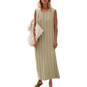 Fisoew Women Summer Sleeveless Maxi Dress Scoop Neck Ribbed Knit Tank Dress | Maternity, Sweater Dress, Cozy Fabric, Loose Fit, Long Dress, Round Neck, Going Out, Pregnancy (Brown)