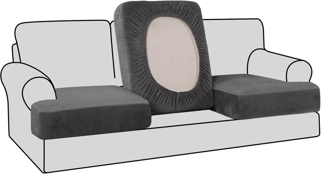 H.VERSAILTEX Stretch Velvet 3 Piece T Cushion Sofa Slipcovers Individually Cushion Cover for 3 Cushion Couch Seat Cushion Covers for Sofa Seat Cushion Covers Stay in Place(Sofa, Grey) (3 Cushion Sofa)