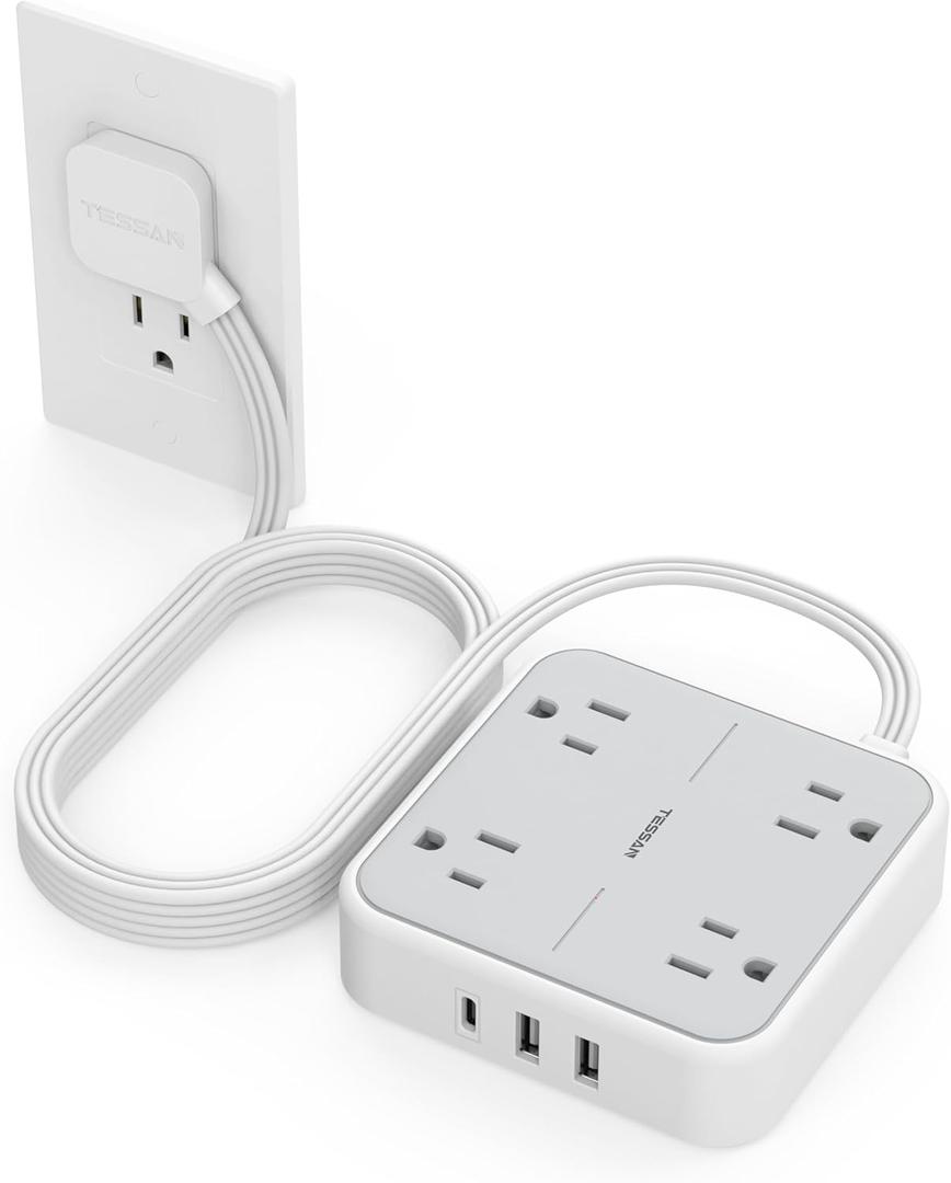 Extension Cord 10 ft, TESSAN Surge Protector Power Strip Long Cord with 3 USB(1 USB C) 4 Outlets, 900 Joules Protection, Small Desktop Multiple Charging Station for Home School Dorm Room Office, Grey (Grey & Surge Protector)