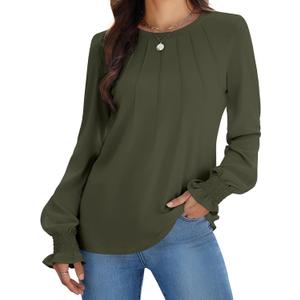 Funlingo Womens Long Sleeve Tops Fashion Fall Shirts Scoop Neck Pleated Ruffle Loose Tunic Tops Business Work Blouse (Green, S)