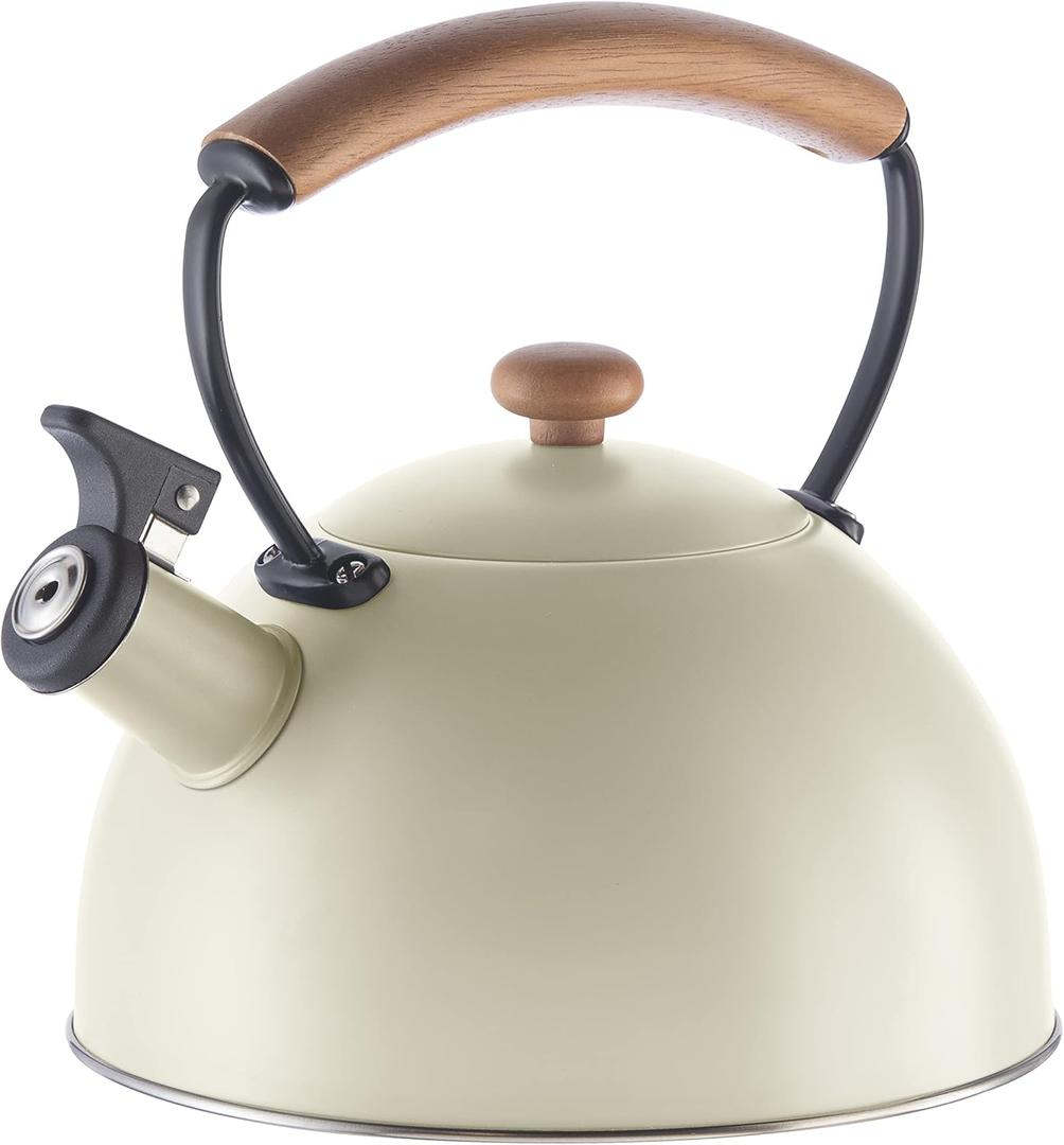 OGGI Tea Kettle for Stove Top - 85oz / 2.5lt, Stainless Steel with Loud Whistle & Stay-Cool Wood Handle, Ideal Hot Water Kettle and Water Boiler - Warm Gray (2.6 Quarts)