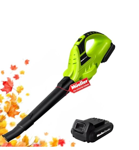 Mueller UltraStorm Cordless Leaf Blower, 20 V Powerful Motor, Electric Leaf Blower for Lawn Care, Battery Powered Leaf Blower Lightweight for Snow Blowing (Battery & Charger Included), Green