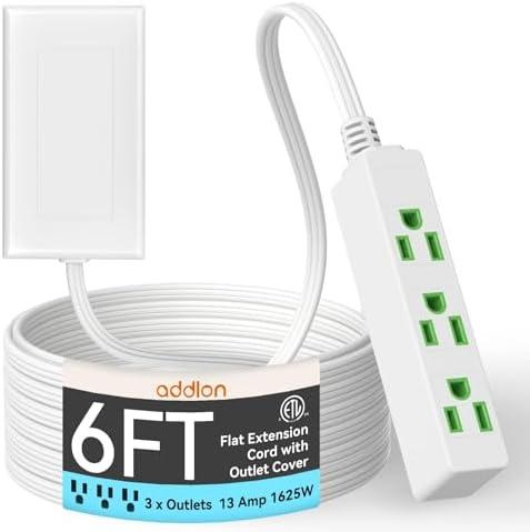 addlon Flat Plug Power Strip with Ultra-Thin Wall Plate, 6 FT Flat Extension Cord with 3 Standard 13A 1625W Outlets, Electrocution Protection, Includes 2 Sets of Fixing Clip, ETL Listed