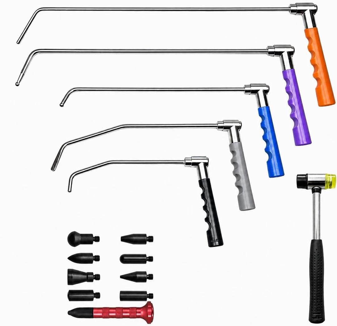 360° Rotating Rod Set, 5Pcs Adjustable Paintless Dent Removal Rod Tools with Rubber Hammer, Knockdown Pen and Interchangeable Tips, Auto Body Repair Tool Set for Door Dings, Hail Damage