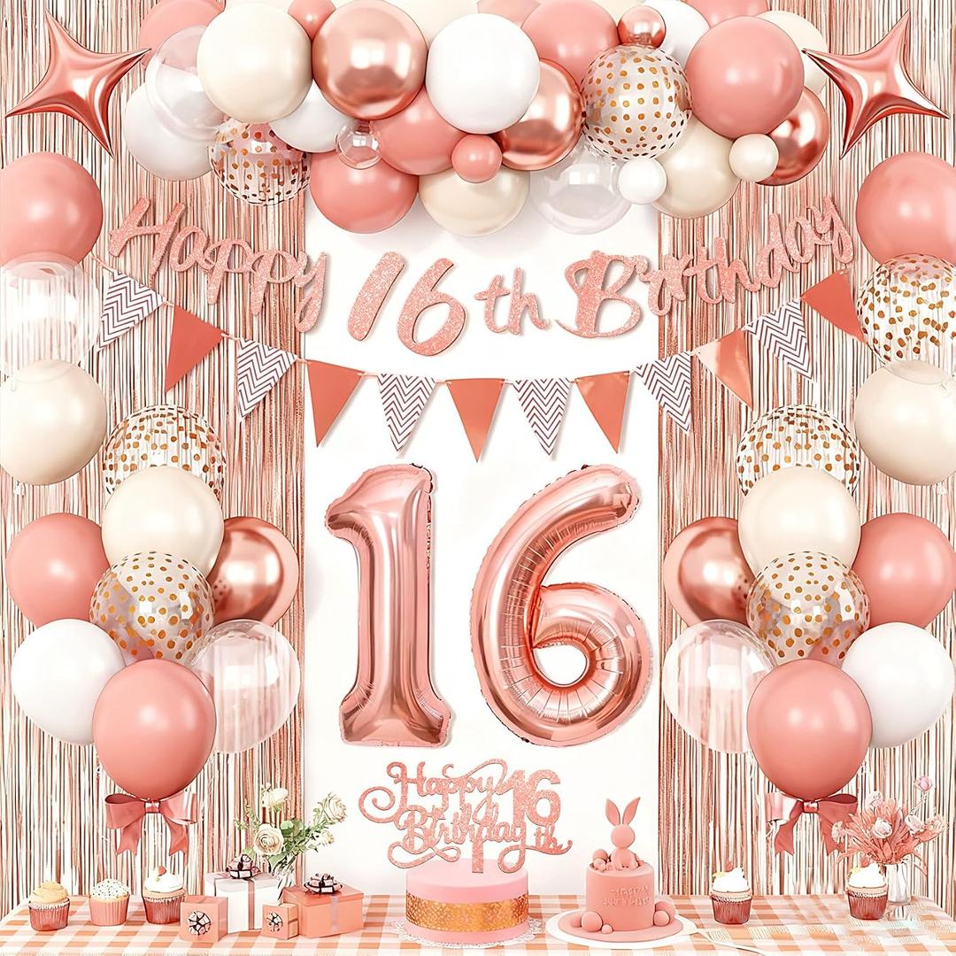 Sweet 16 Party Decorations for Girls:Rose Gold Happy 16th Birthday Banner Ballons, Pink Sweet Sixteen Birthday Decor with Cake Topper, 16 Number Balloons, Tassel Curtain Backdrop