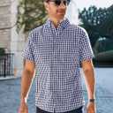Runcati Mens Plaid Shirt Short Sleeve Button Down Linen Dress Shirt Wrinkle Free Casual Business Summer Work Shirts
