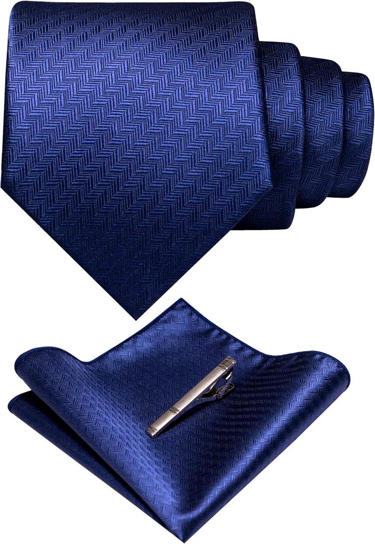 RBOCOTT Solid Color Tie Woven Classic Formal Mens Necktie and Pocket Square with Tie Clip Set (Navy Blue366)
