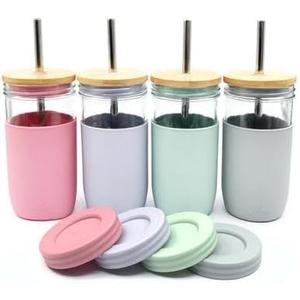 Elk and Friends 24oz Glass Mason Jar  Pack of 4 | Bamboo Straw Lids + Stainless Steel Straws | Smoothie + Iced Coffee + Bubble Tea Cups | Glass Cups with Lids and Straws | Dishwasher Safe (Blush/Lilac/Sage/Gray (Sleeves))