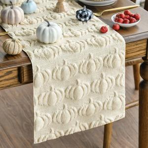 Artoid Mode Beige Soft Plush Faux Fur Jacquard Pumpkins Fall Table Runner, Seasonal Autumn Kitchen Dining Table Decoration for Home Party Decor 13x72 Inch