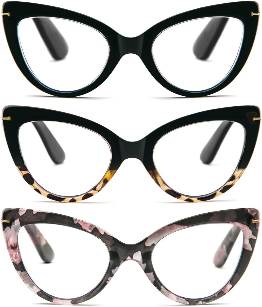 DXYXYO Oversized Cat Eye Reading Glasses Women Blue Light Blocking with Magnification 1.75 Computer Readers Vintage Fashion Cute Eyeglasses 3 Pack (Black+tortoise+pattern)
